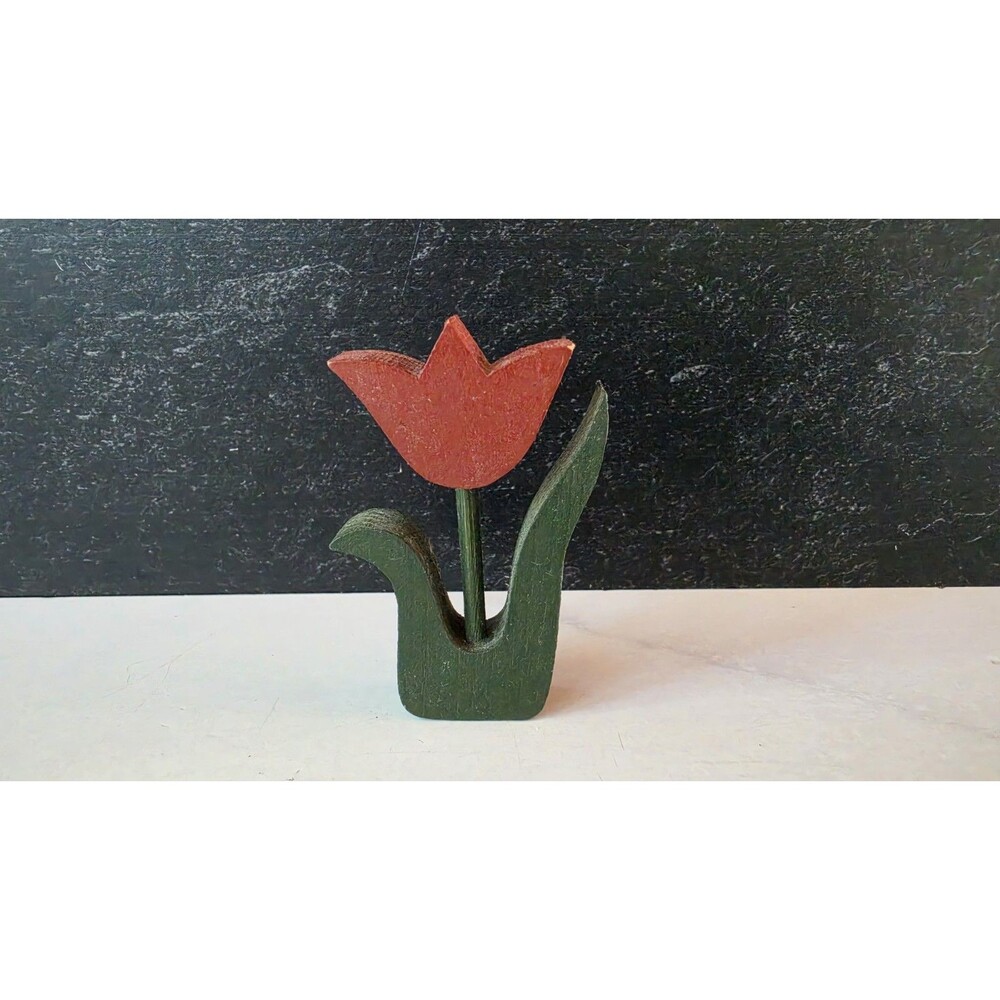 Vintage Wooden Small Decorative Red & Green Tulip READ Description